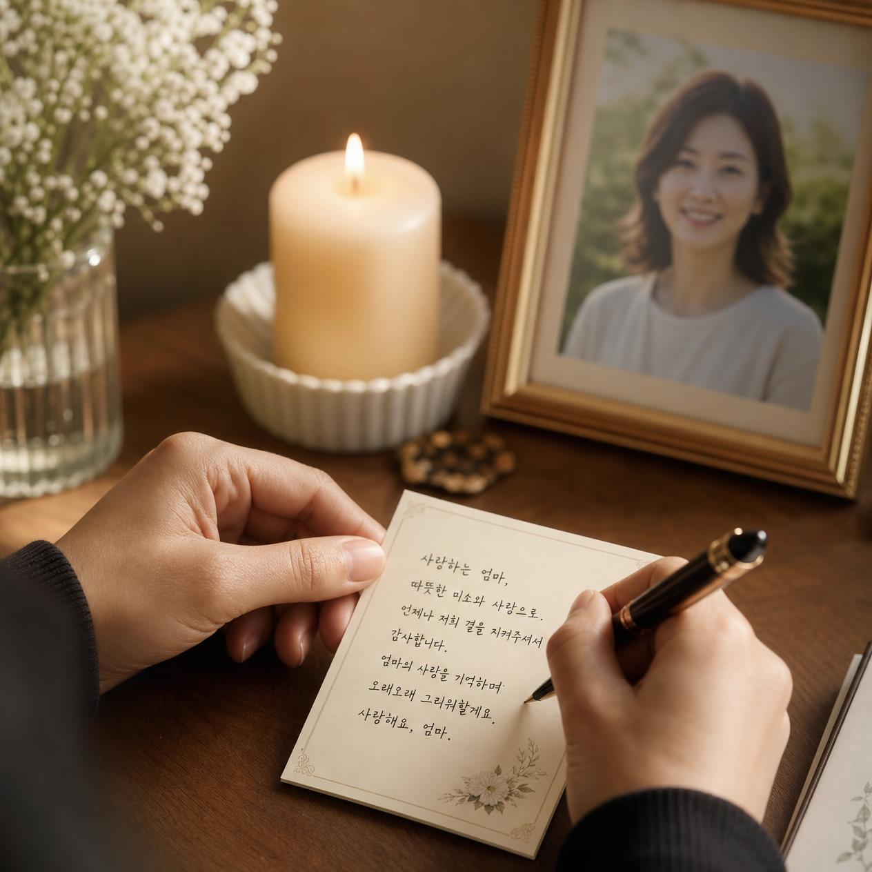 촛불과 작은 꽃, 사진 곁에서 추억 카드를 쓰는 모습