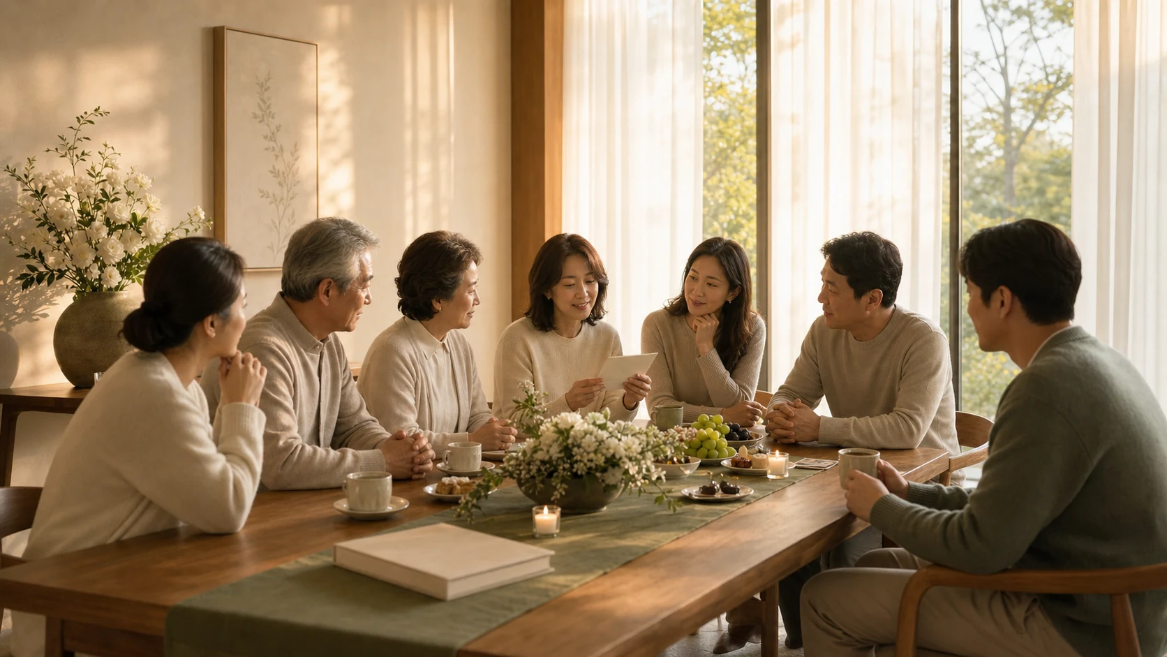 따뜻한 햇살이 드는 공간에서 가까운 사람 일곱 명이 작은 다과와 함께 추억 카드를 나누는 추모 모임