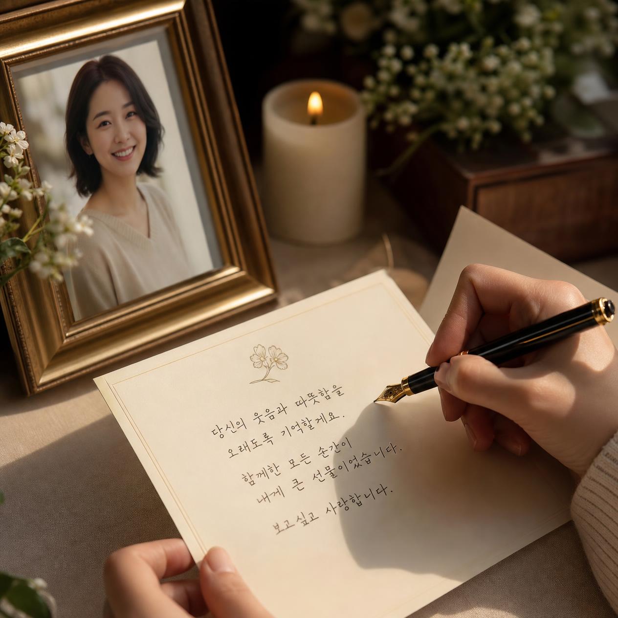 소중한 사람의 사진 앞에서 기억과 마음을 편지로 적는 모습